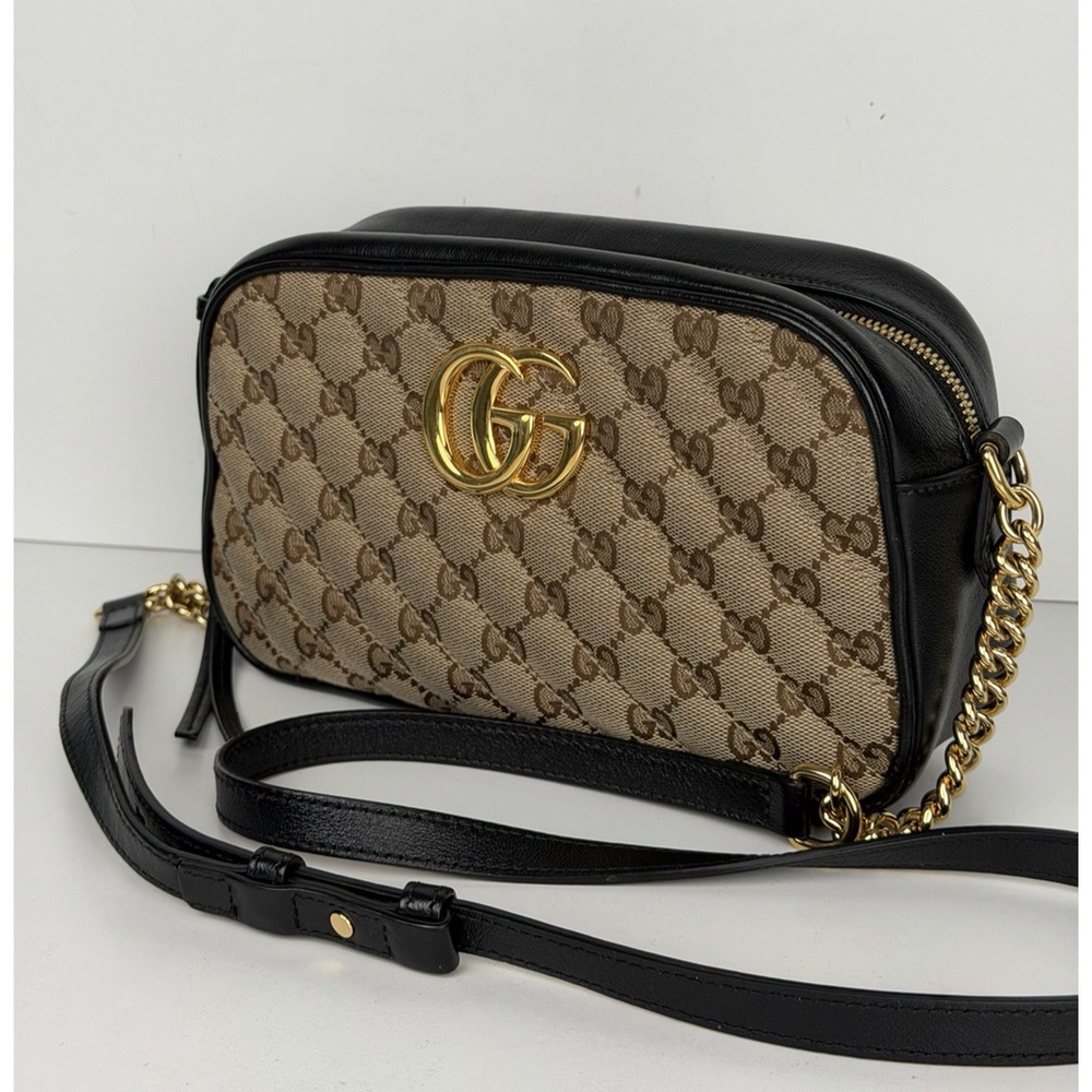 Gucci GG Marmont Small Shoulder Bag in Beige Quilted Canvas and Black Leather S3
